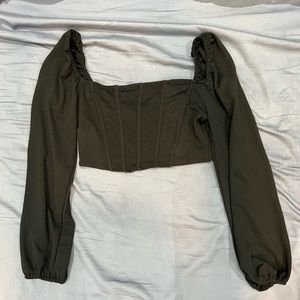 SHEIN Black Square Neck Corset Crop Longsleeves Top